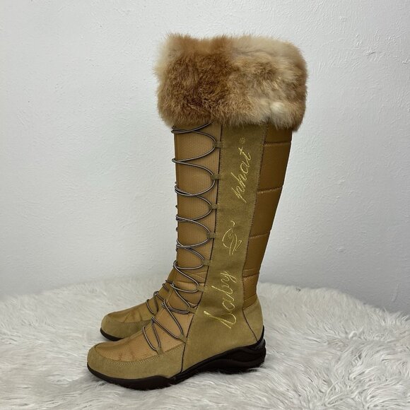 VTG Y2K Baby Phat Tan Faux Fur Trim Lace Up Knee High Boot Quilted Retro Sz 8.5B - Picture 1 of 12